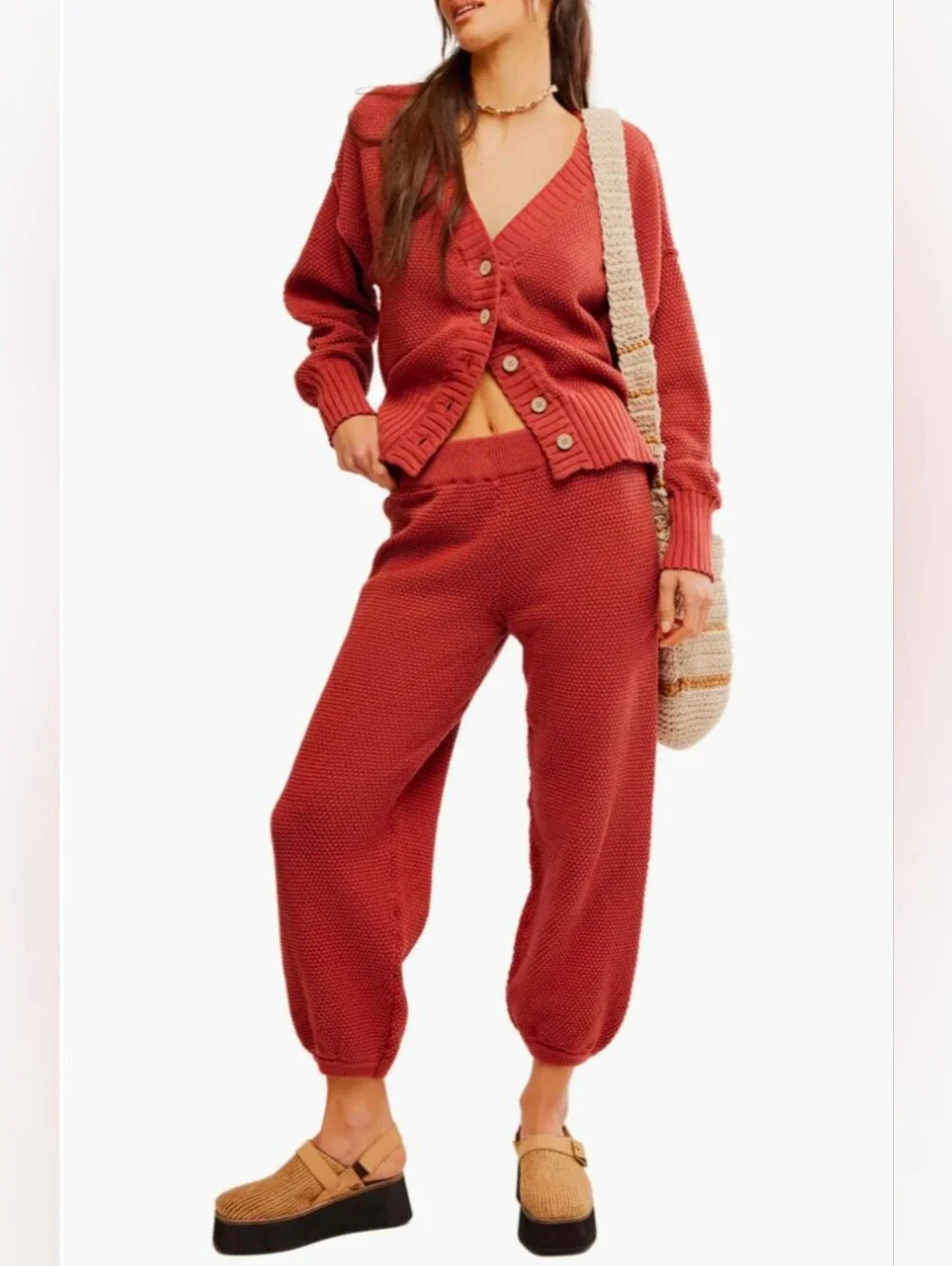 Free People Hailee Waffle Stitch Cardigan & Pants in Canyon Sunset - Size XS